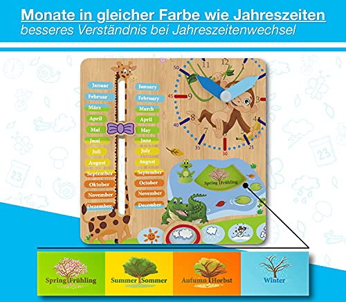 WoodyWood® Kalenderuhr für Kinder - Lernuhr aus Holz, zweisprachig, 30 X 30 cm - Montessori Jahresuhr zum Lernen der Uhrzeit, dem Datum, der Wochentage, Monate, Jahreszeiten und des Wetters