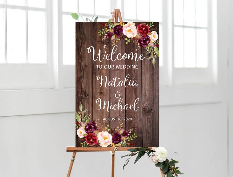 Welcome Wedding Sign, Rustic Wedding Welcome Sign, Burgundy And Blush Flowers, Printable, Digital File, Family Name Sign For Home Decor, Personalized Canvas, Full Size Customized 12'X18'