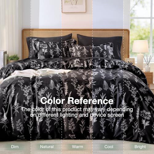 Image of MUXHOMO Black King Comforter Set, Elegant Floral Print Bed in a Bag 7 Pieces, Ultra Soft & Breathable Reversible Botanical Pattern Bedding Set with Comforter, Sheets, Pillowcases, and Shams
