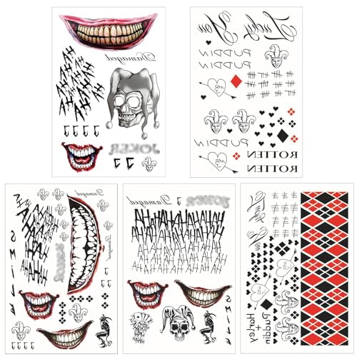 5 folhas tatuagem Joker Tattoos, Halloween Joker Tattoo, Joker Tattoos Temporary, Joker tatuagens temporárias, para jogos de RPG, noite de Halloween, Mardi Gras e Horror Nights