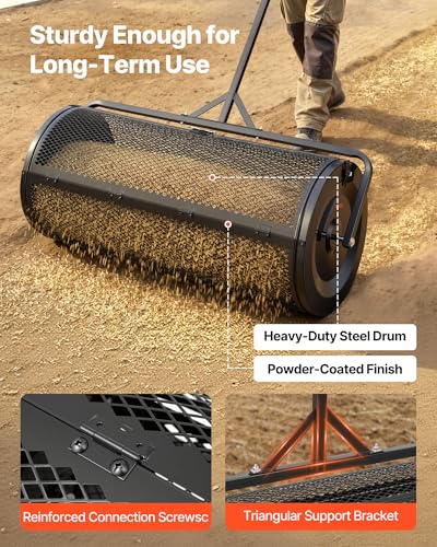 Image of VEVOR Compost Spreader, 44 inch Wide Peat Moss Spreader with Push /Tow Handle, 4 Heights Adjustable, Powder-Coated Steel Garden Peat Moss Roller, Heavy Duty Grass Seed R