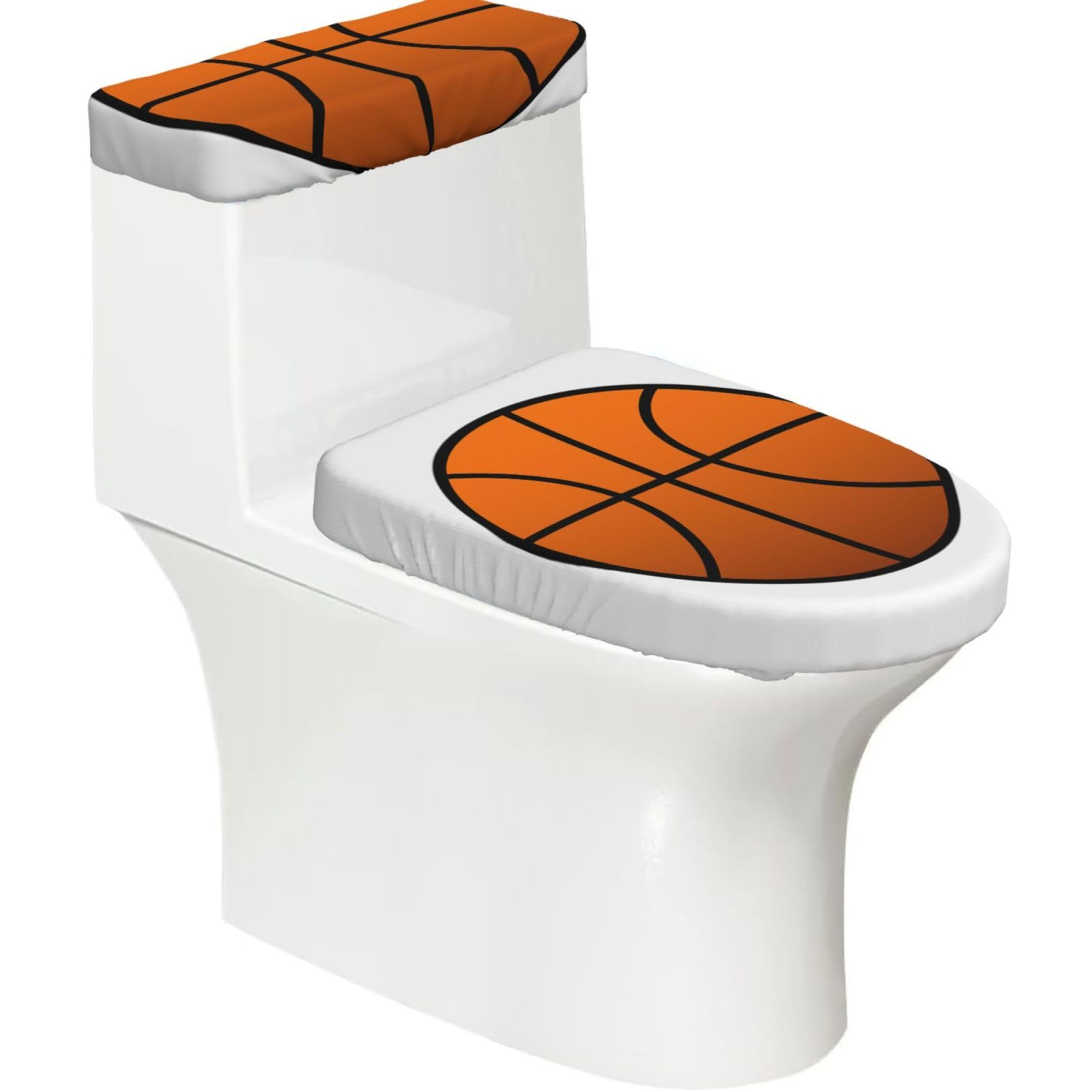 Basketball Print 2-Piece Stretch Toilet Cover Set, Elastic Breathable Toilet Seat and Tank Lid Protector