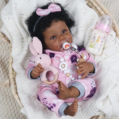 WOOROY Realistic Reborn Baby Doll Black Girl – 18 Inch African American Newborn Baby with Soft Body, Lifelike Handmade Real Life Adorable Gift with Accessories for Kids Age 3+