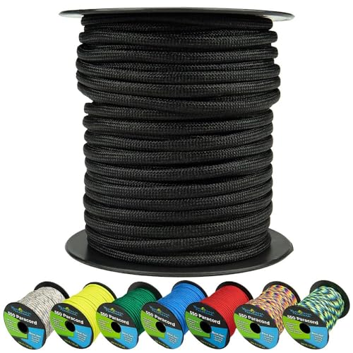 West Coast Paracord 550lb Paracord Spools – 7 Strand Type III Tactical Parachute Cord for Hiking, Camping, and Fishing – Black (100 ft)