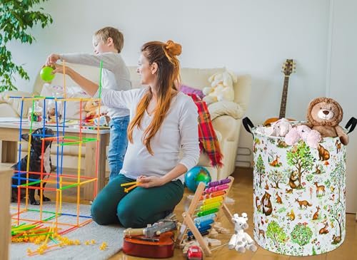 Image of Tree Print Round Laundry Hamper Storage Basket Bins Clothes Nursery Hamper for Home, Gift Storage Bins with Handles