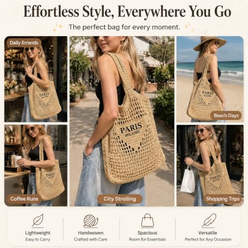 Bolso de paja tejido para mujer tipo tote para verano miniatura 3