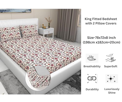 Image of RD TREND Presents Elastic Bedsheets for King Size Bed (78X72X8 Inch),Glace Cotton 210 TC with 2 Pillow Covers(18 X 28 Inch), Color- Beige Pattern-Red Rose Floral