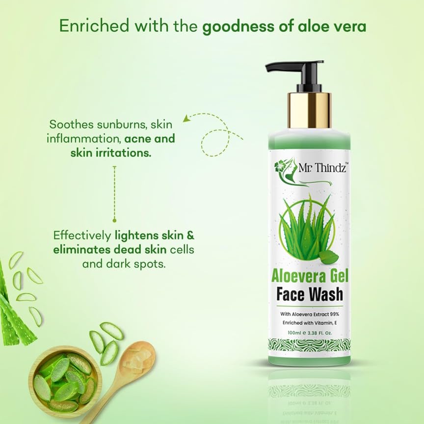 Mr.Thindz Aloe Vera Gel Face Wash 100ml, Natural Aloe Vera Face Cleanser for Glowing Skin, Hydrating Soothing Anti-Acne Gel Face Wash for Men & Women, Suitable for All Skin Types 2