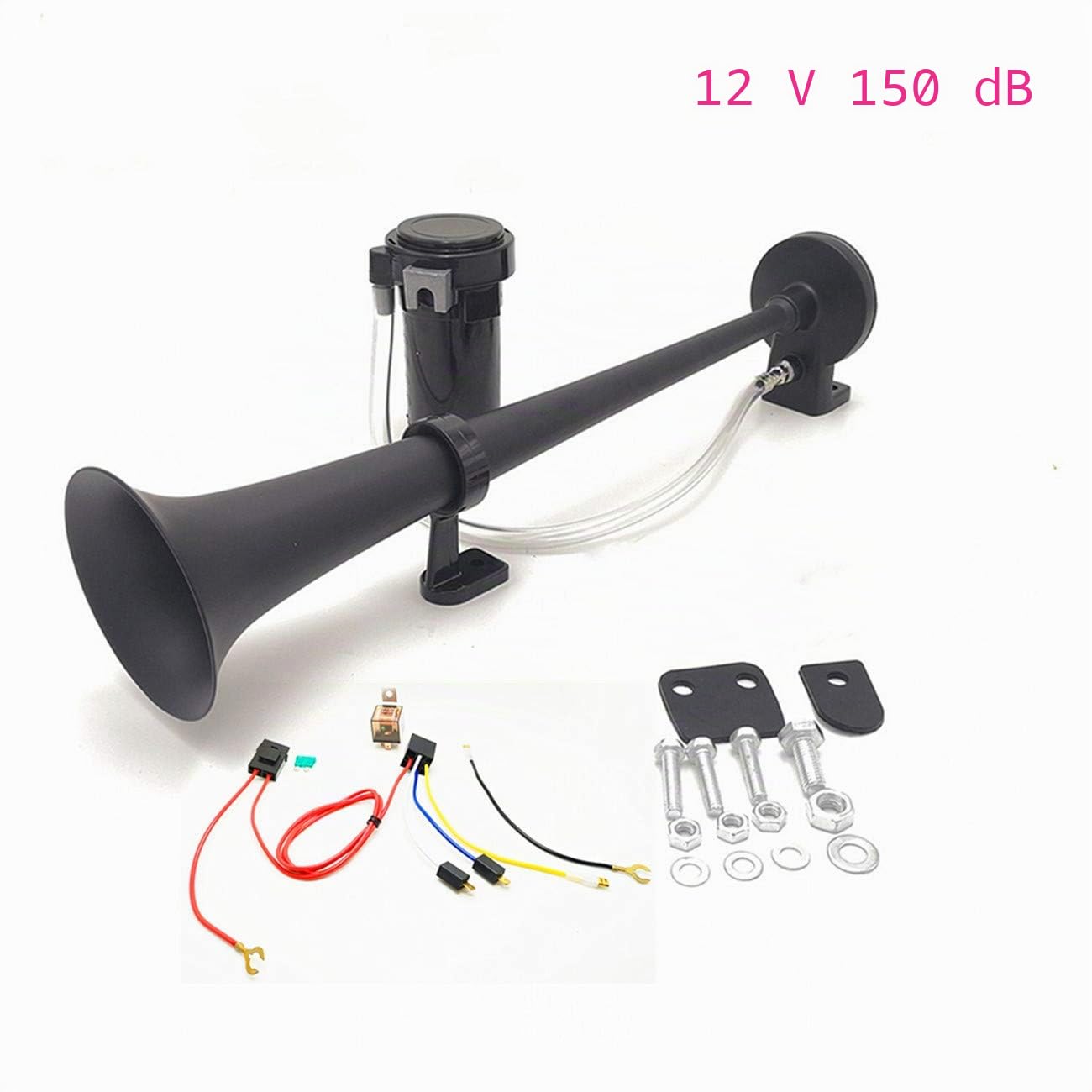 Klaxon de voiture air horn 150dB Président haut-parleur 450mm Corne de l'air chrome zinc noir simple trompette avec compresseur pompe à air pour tout véhicule 12 V camion bateau SUV moto etc