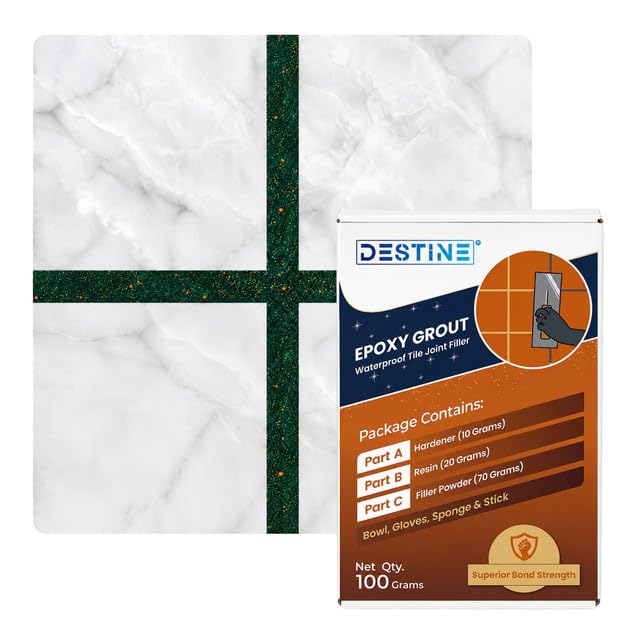 Image of DESTINE Epoxy Grout for Tiles (110 Colours)(100 g), Waterproof Joint Filler, Crack Filler, Tiles Gap Filler, Stain Free, Acid & Chemical Resistance Epoxy Grout (Emerald Green [Copper Glitter])
