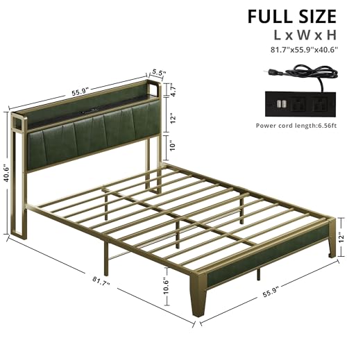 LIKIMIO Full Bed Frame, Storage Headboard with Charging Station, Solid and Stable, Noise Free, No Box Spring Needed, Easy Assembly (Dark Green)