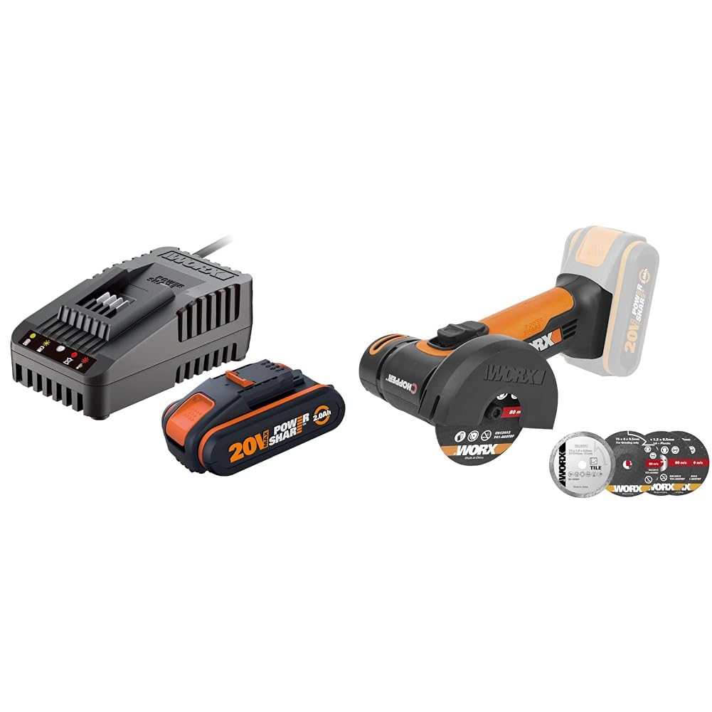 WORX - Kit de démarrage pack Batterie et chargeur rapide 20V - PowerShare - WA3601 & Mini meuleuse d'angle sans fil 20VChopper - WX801.9 - ⌀ 76 mm