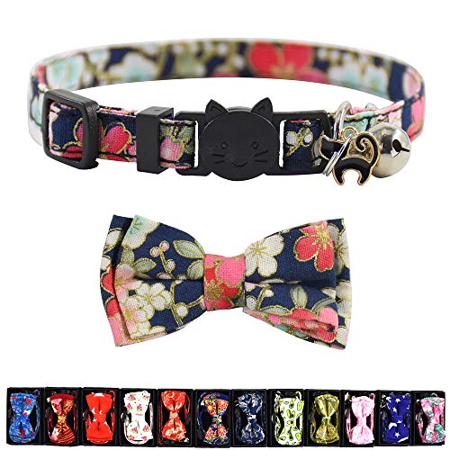 Cat Collar Breakaway with Bell and Accessories, Printing Kitten Collar Bowtie for Kitty 19 Colors Adjustable 7.5-11in(Flower 2)
