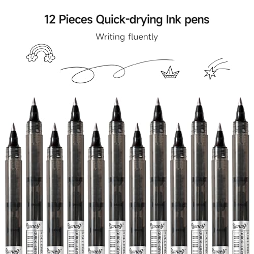 RIANCY Black Fine Point Gel Pens 12Pcs 0.5mm Gel Ballpoint Pens Black Liquid Ink Pens No Smear No Bleed, Smooth Writing Pen for Journaling Note Taking Drawing Sketching Coloring Office School Supplies