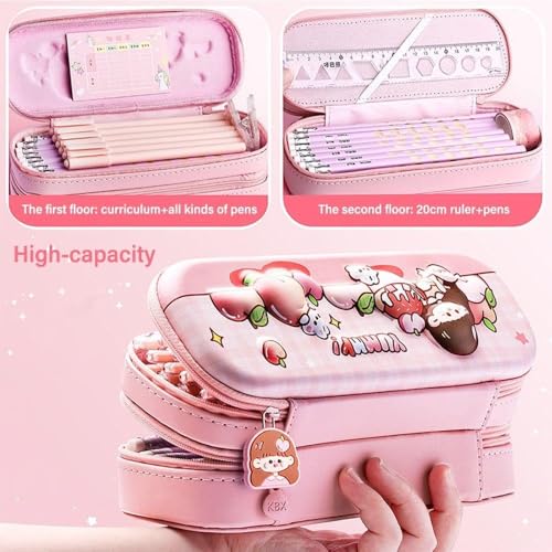 Image of DEOXY Yummy Double Layer Space Pencil Case 3D Cover EVA Peach Cake Theme Large Capacity Pencil Zipper Pouch Bag Compass School Organizer for Students Kids