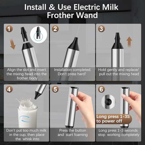 Image of Rechargeable Milk Frother with Stand, Electric Frother Wand Handheld Coffee Foam Maker Detachable Stainless Steel Whisk Drink Mixer Foamer for Latte, Cappuccino, Hot Chocolate, Egg (Silver)