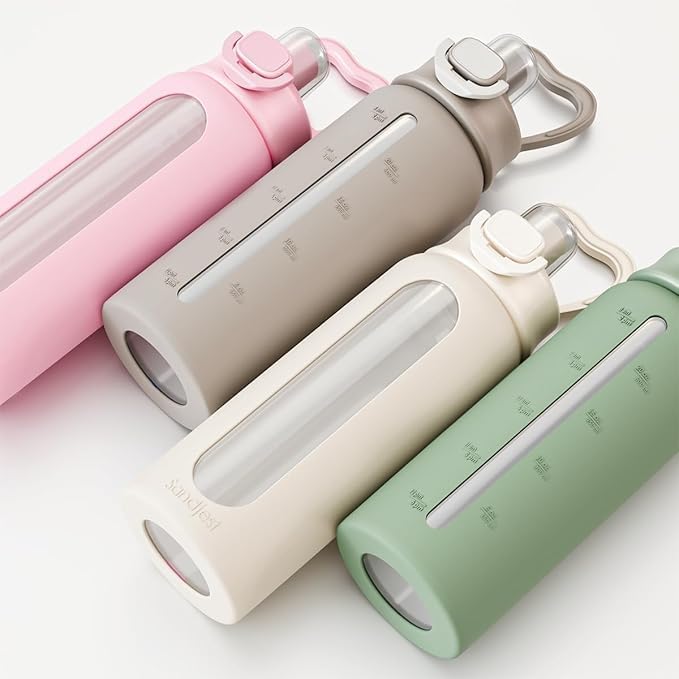 Glass Water Bottle with Silicone Sleeve 24oz with Lid, Motivational Time Marker, Drinking Hydration Glass Bottles for Men Women, Gym Travel Sports (Cream) - Image 5