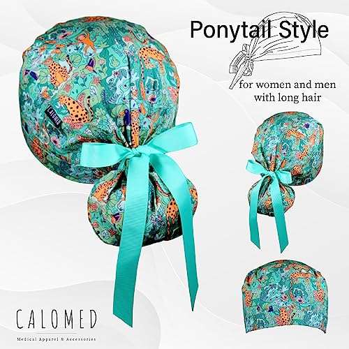 Image of Scrub Cap for Women and Men, Ponytail Scrub Caps, Working Hat, Head Cover with Ribbon Ties and Buttons, Long Hair