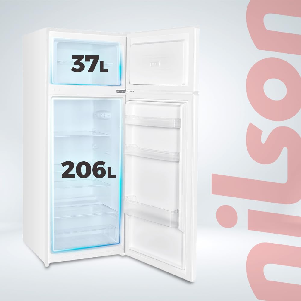 Nilson Réfrigérateur Blanc, 2 Portes. NF145500E, Capacité 206 Litres, Cyclique, Moteur Universel, Niveau Sonore 40 dB, Porte Réversible, Ouverture Sans Poignée, Classe Énergétique E