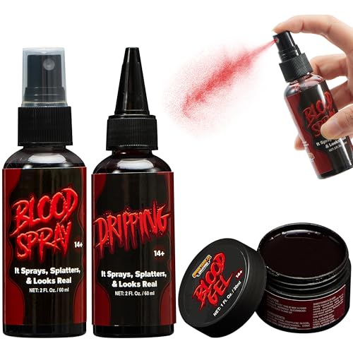 Spooktacular Creations Juego de 3 piezas de sangre falsa para Halloween, 60 ml, 60 ml de sangre que gotea, 30 ml de sangre de gel, realista y lavable, para disfraces de Halloween, cosplay, decoración