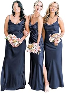 Vestido largo de satén de seda para dama de honor, con tirantes delgados, vestido de graduación con abertura para boda, ve...