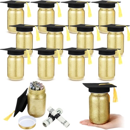 Suclain 12 Sets Graduation Decorations Class of 2025 Graduation Jar Table Centerpieces with Black Cap 2025 Gift Money Ideas for College High School Congrats Grad Party Supplies