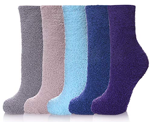 LANLEO 5/6 Pairs Womens Super Soft Fuzzy Plush Warm Winter Home Sleeping Slipper Socks 5 Pairs Solid Color Style B
