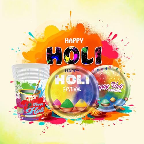 75 pcs Happy HOLI party Table Decorations Tableware SetFestival of Lights Diwali Plates, Cups, Indian Festival HOLI Themed Party Supplies(Serves 25 Guests)