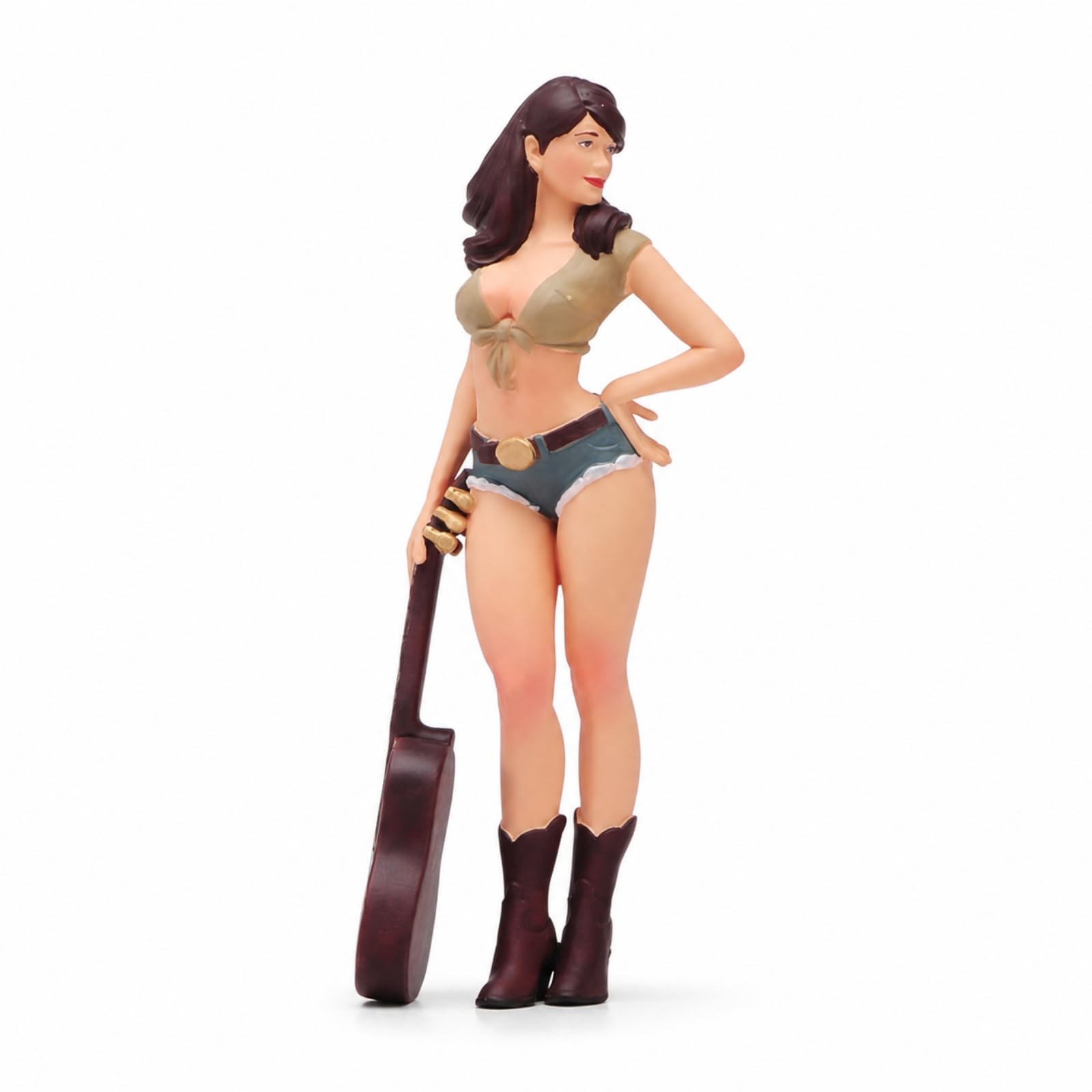 harayaa Miniatur Figurine Miniaturfigur Frauenfigur Sammelfigur Resinfigur mit Gitarre Bemalt Detailgetreu Modischer Look Jeansoptik Shorts Stiefel für Sammlerregal 1 18