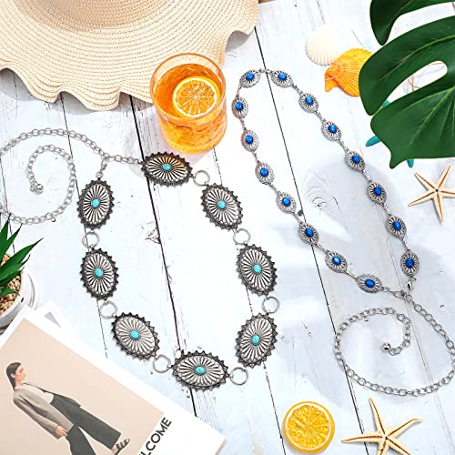 Junkin 2 Pcs Women Concho Western Chain Belts Turquoise Chain Antique Western Waist Country Metal Link Belt(Green, Blue)3