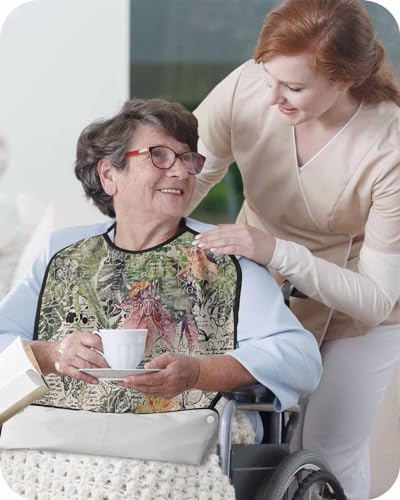 Tropical Palm Adult Bib for Eating with Crumb Catcher,Washable & Waterproof Terry Cloth Adjustable Elderly Women Men Adult Bibs Apron Clothing Protector Abstract Vintage Green Shabby Chic Flower