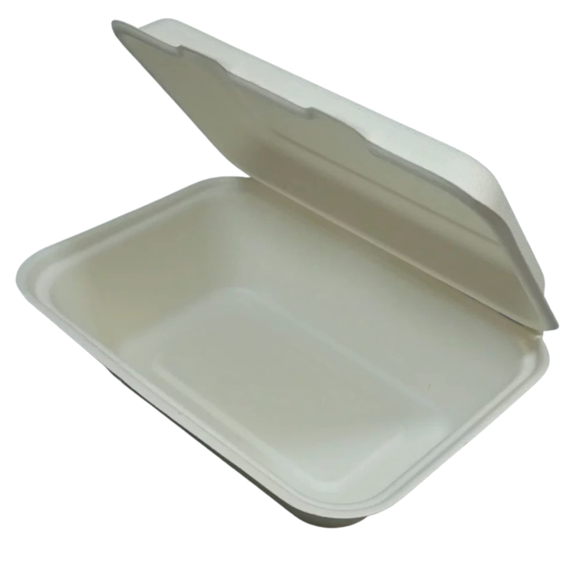 Checkmart White [50 Pack 9 X 6 Inch Clamshell Take-Away Food Container 1 Compartment, Eco-Friendly Compostable And Biodegradable 22.8Cm X 15.2Cm