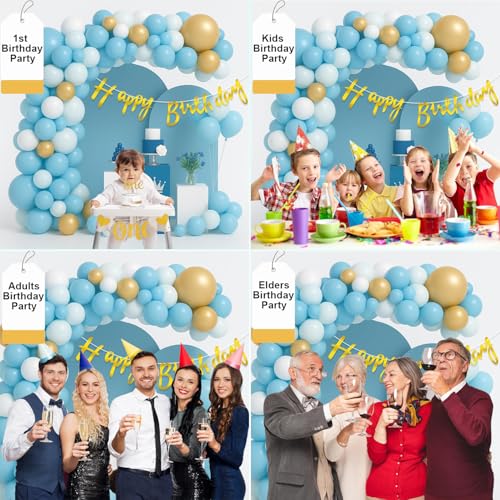 Image of Rozi Decoration Blue & Gold Birthday Decoration Set | 42-Piece Balloon Arch Kit with Cursive Happy Birthday Banner | Blue Theme Party Decorations for Boys