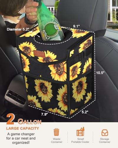 Image of Pritent Car Trash Can with Lid, Cute Leakproof Car Trash Garbage Bag Hanging Vehicle Trash Bin Small Portable Automotive Garbage Cans Organizer for Back /Front Seat(Trapezoid,Black Sunflower