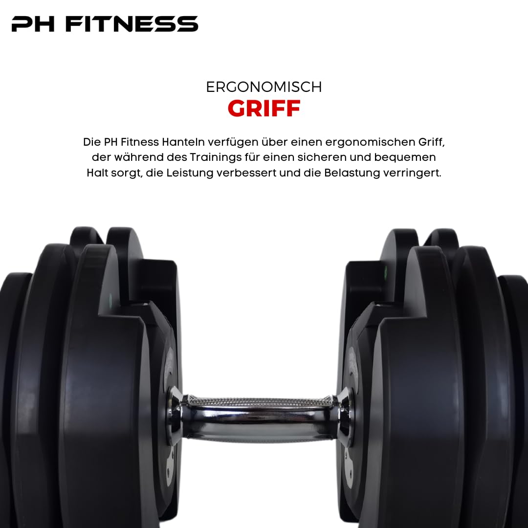 PH Fitness Verstellbares Hantelset - Platzsparendes Hantelset mit 15-17 Gewichtseinstellungen für Heim-Fitnessstudio, Körpertraining, Fitness, Gewichtheben & Workout (2 Stück)