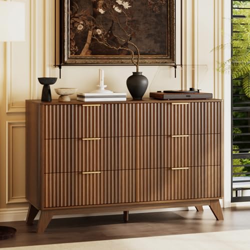 Image of VINGLI Fluted Walnut Dresser 6 Drawer, Dark Brown Wood Dresser with Rounded Edges, Mid Century Modern Walnut Dressers for Bedroom, 46.8 inch W*15.5 inch D*31 inch H