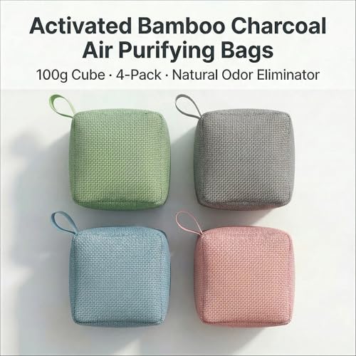 Image of 4 pack Naturally Activated Bamboo Charcoal Air Purifying Bags | Natural Home Deodorizer Bag | Charcoal Bag Odor Absorber For Pets | Odor Eliminator & Moisture Absorber Air Freshener Bag (100g Cube)
