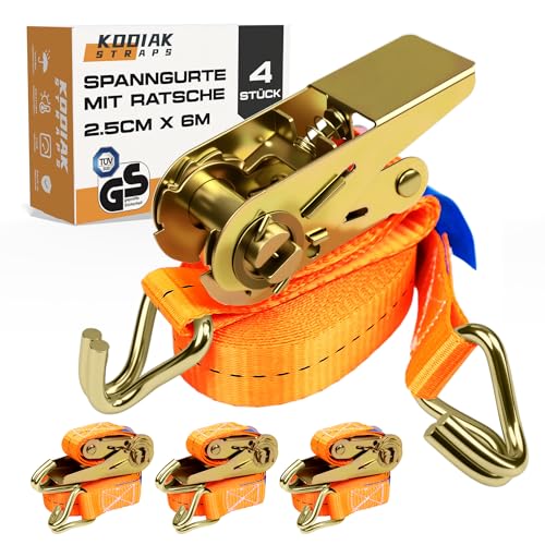 4 Stück Spanngurte 6m x 1000kg mit Ratsche und Haken - 25mm Zurrgurte mit Ratsche - Orange Ratschengurt für Ladungssicherung - TÜV/GS geprüft nach DIN EN 12195-2 - KODIAK STRAPS