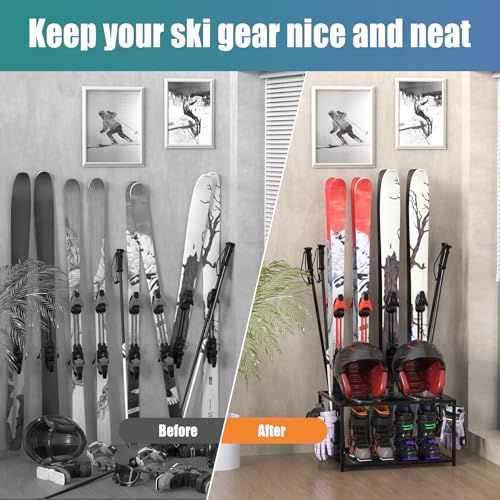 Freestanding Ski Holders for 4Pairs of Skis Ski Boot, Poles,Goggles, Helmet and More,Storage Rack for Garage, Heavy Duty Steel Floor Stand Ski Organizer for Garage Basement(Double-Layer storage shelf)