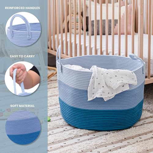Image of OrganiHaus Round Toy Basket & Blanket Basket, Cotton Rope 20x13 inch | 3-Toned Blue - Round Cotton Rope Basket, 20x13 inch