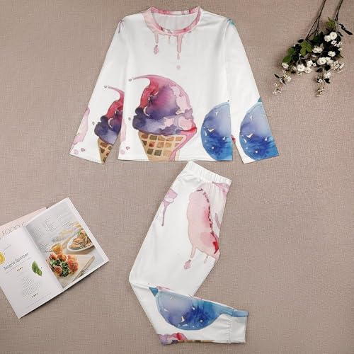 Watercolor Ice Cream in Waffle ConesBoys Casual Comfort Pajamas, Long Sleeve Pajama Set130CM3