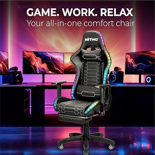Image of NiTHO HALO RGB Gaming Office Chair with Retractable Footrest | Ergonomic 135 Reclining Computer Chair with USB-Powered RGB Light Strips, Adjustable Armrests, Swivel Chair for Gaming or Work, Black