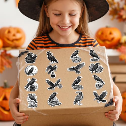 Image of Halloween Raven Bird Sticker for Laptop Water Bottle Scrapbook | 2 Rolls Gothic Vinyl Decals Waterproof Vinyl Strong Adhesion No Residue for Halloween Party Decor Scrapbook Journals