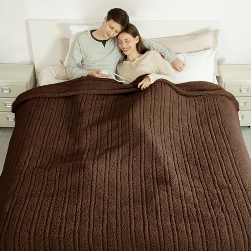LUZARTA King Size Heated Blanket Single Control - Soft Double Sided Sherpa Electric Blanket with 6 Heating Levels & 10 hrs Timer Settings Washable & Overheat Protection for Bed Brown