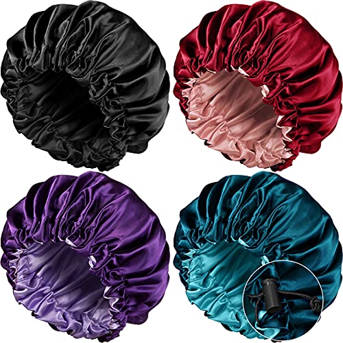 4 Pieces Satin Sleep Bonnet, Large Double Layer Silk Hair Bonnet Adjustable Cap for Curly Hair (Black, Wine Red, Purple, Dark Green)