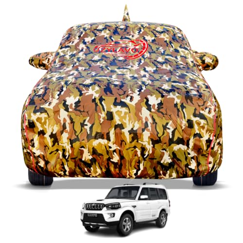 Image of Premium Car Cover for Scorpio (2014-2021) Models | Waterproof, UV & Dust Protection | Mirror & Antenna Pocket | Triple Stitched, Soft Inner Lining, Belt & Buckle (Jungle Print)