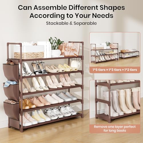 Image of VILICK Shoe Rack for Closet Shoe Organizer Space Saver Storage for 20-25 Pair Shoe Shelf with Hook and Side Pocket Free Standing 5 Tier Shoe Rack Organizer for Entryway,Small Spaces, Brown