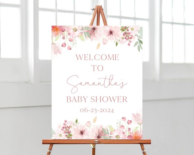 Personalized Girl Floral Baby Shower Welcome Sign, Spring Flower Baby Shower Decoration, Pink Flower Baby Shower Poster, Pink Flower Baby Shower Sign