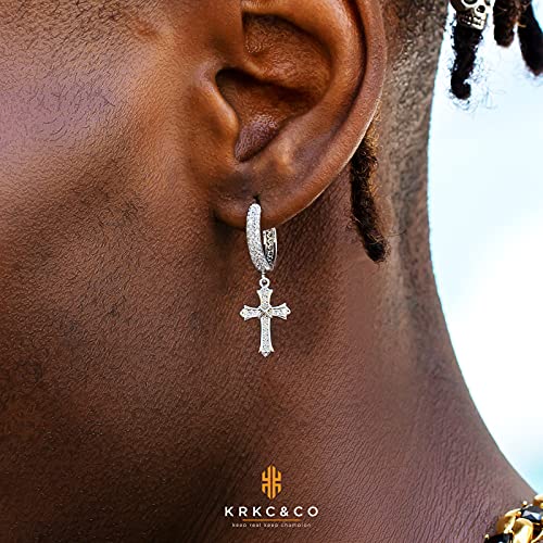 KRKC&CO Gold Dangle Hoop for Men, Sterling Silver Cross Earrings, Hypoallergenic Urban Street-wear 15mm Hinged Hanging Earring, 𝑭𝒂𝒕𝒉𝒆𝒓𝒔 𝑫𝒂𝒚 𝑮𝒊𝒇𝒕 𝒇𝒐𝒓 𝑫𝒂𝒅3