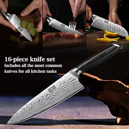 Image of HOSHANHO 16-Piece Knife Set with Block, Ultra Sharp High Carbon Powder Steel Knife Block Set, Chef Knife Set Professional Kitchen Knives Set with Sharpener and Pakkawood Handle